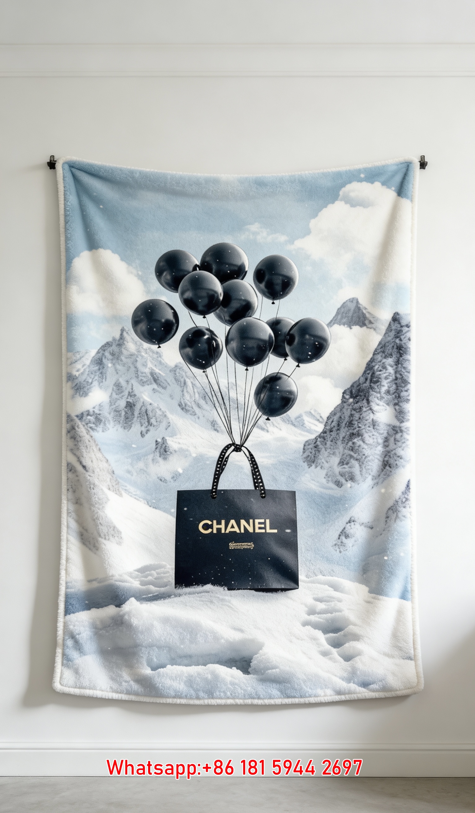 Luxury Chanel Snow Mountain Balloon Flannel Throw Blanket  Iconic Black Shopping Bag Print IMG_7205